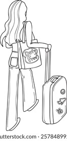 Female walks with her suitcase and a duty-free shopping bag. The minimal line art vector illustration represents modern travel, airport shopping, and adventure, ideal for tourism, vacation