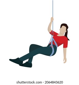 A female wall climber athlete posing while hanging on her ropes. A rappelling athlete. Sports illustrations.