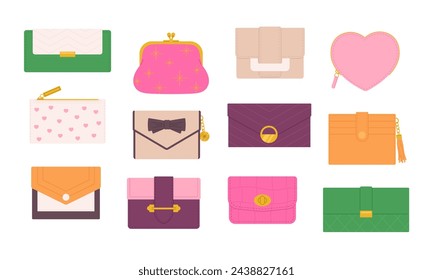 Female wallets. Isolated women wallet, fabric and leather colorful accessories. Tiny purse with decorations for coins, racy vector fashion elements