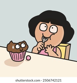 Female Wants To Take More Bite Of A Cupcake Concept Card Character illustration