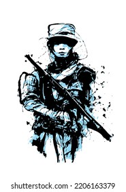 Female War Soldier Standing, Ink Drawing Abstract Style  2 Color