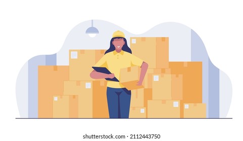 Female warehouse worker In charge of checking the list of parcels. Storehouse workers keeping records of boxes.