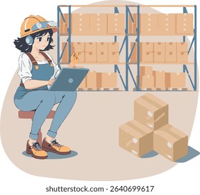 Female Warehouse Worker with Laptop. Inventory Management Flat Illustration
