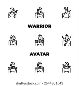 Female warrior avatar outline icon set. Warrior character front view black line illustration.
