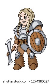 Female warrior with a shield and a sharp axe isolated on white background. Colorful Knights and Castles theme Vector Illustration. Vikings Valkyrie Vector cartoon illustration.
