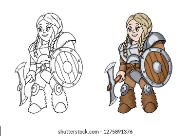 Female warrior with a shield and a sharp axe isolated on white background. Vikings Valkyrie Vector cartoon illustration. Colorful book page for kids and children sticker vector illustration