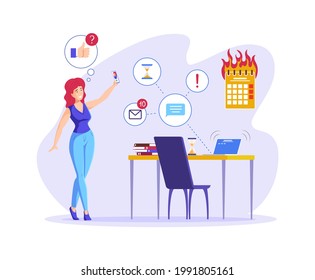 Female wasting time taking selfie instead of working under tasks. Procrastination woman office worker at workplace with burning date. Deadline failure, much unanswered messages vector illustration