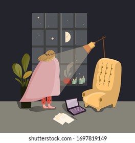 Female watching at window at night vector illustartion. Indoor workplace. Computer and chair. Freelancer staying home at quarantine. Cozy environment. Starry sky and moon. Cup of coffee and candles.