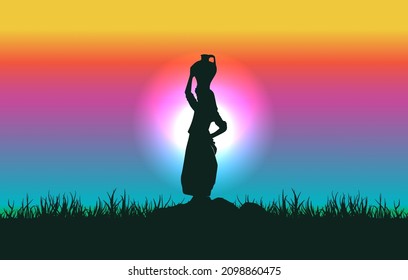 Female water carrier silhouette on rainbow landscape background illustration. Vector graphic eps 10.