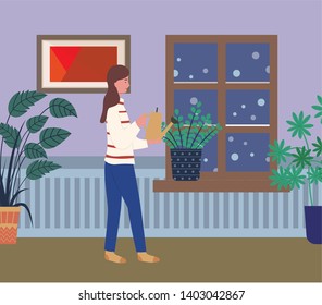 Female watering plants growing in soil vector, apartment of person indoors hobby. Snowing weather, winter season, greenhouse with falling snowflakes outdoors