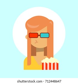 Female Wearing 3d Glasses With Popcorn Emotion Profile Icon, Woman Cartoon Portrait Happy Smiling Face Vector Illustration