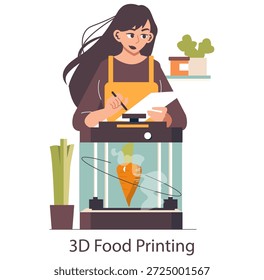 Mujer con delantal usando una tableta para administrar una impresora de alimentos en 3D. La Ilustración vectorial muestra la tecnología moderna en las artes culinarias, destacando la innovación y la creatividad.