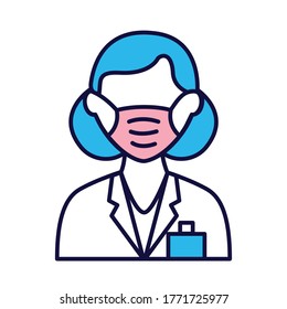 female wearing medical mask line and fill style icon vector illustration design