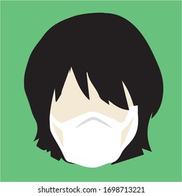 Female wearing medical mask who has black hair, with a green background. 
