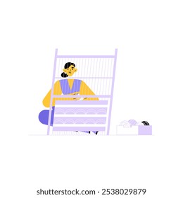 Female Weaver Working On Loom In Flat Vector Illustration Symbolizing Craft, Artisanal Skills, And Textile Production, Isolated On White Background