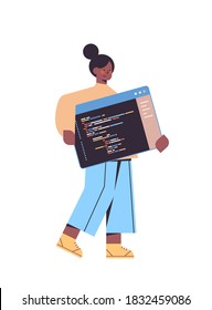 female web developer creating program code development of software and programming concept full length vertical vector illustration