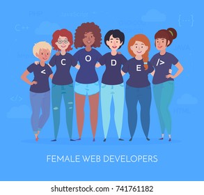 Female web developers are hugging. Team in t-shirts with code lettering. Vector illustration in a flat style