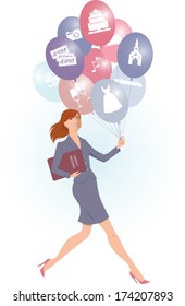 Female wedding planner carrying balloons with wedding icons on them, vector cartoon