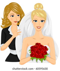 A Female Wedding Planner Helping a Smiling Bride Holding a Bouquet of Coloful Flowers Fit Her Wedding Veil - Vector