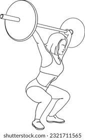 Female Weight Lifter Character outline vector illustration. Strength Training, Body Building Concept. Woman athlete doing back squats, deadlifts, and barbell overhead press.