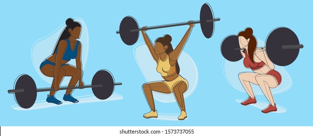 Female Weight Lifter Character Set, Strength Training, Body Building, Multicultural Diversity Concept