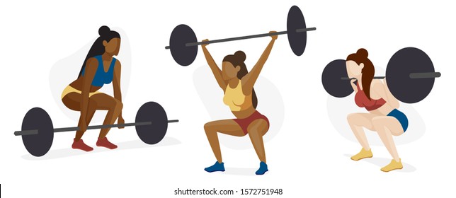 Female Weight Lifter, Strength Training, Body Building, Crossfit Athlete Character Icon Set, Multicultural Diversity Concept