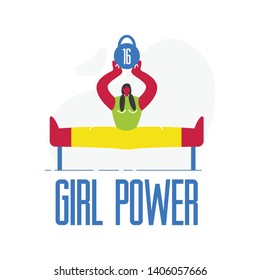 Female Weightlifter Flat Vector Banner Template. Professional Sportswoman, Champion Faceless Character. Athlete Lifting Dumbbell. Strong Bodybuilder Training. Lady Showing Strength, Exercising