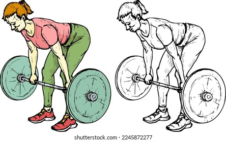 Female weightlifter lift a barbell from the floor, isolated against white. Hand drawn vector illustration.