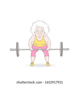 Female weightlifter vector illustration. Old woman lifting weights, doing sit ups with barbell, cartoon character.