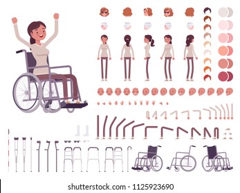 Female wheelchair user character creation set. Disability, medical social help. Full length, different views, emotions, gestures. Build own design. Vector illustration