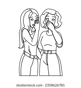 female whispering woman vector. young gossip, beautiful face, communication ear female whispering woman character. people black line illustration