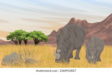 A female white rhino and her calf stands in the tall dry grass of the African savannah. Sunset in Africa over a mountain range. Realistic vector landscape