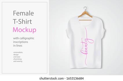 Female white  t-shirt Mockup  with  calligraphic inscription Beauty  in lines.