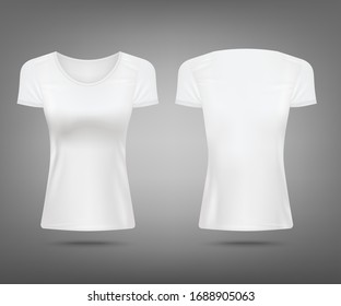 Female white t-shirt a women sport clothing template, 3d realistic vector illustration isolated on white background. Fashion and sport collections design mockup.