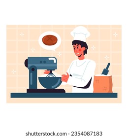 Mujer con uniforme blanco y sombrero cerca de mezclador moderno y control del proceso de amasar masa de pan. Proceso de cocción con equipo moderno. Ilustración vectorial en colores azul y naranja