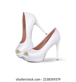 Female white wedding footwear with open toe and stiletto heels. Realistic vector, 3d illustration.