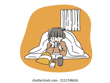 A female who spends the day in a futon, a comical handwritten person, a vector, and simple coloring of line drawings.