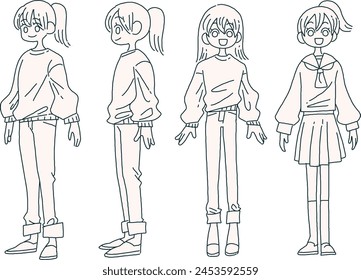 Female whole body hand drawn line drawing illustration set
