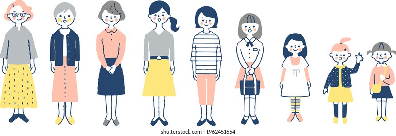 Female whole body set of various generations