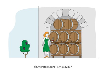 Winzercharakter bei Weibchen, die Wein im Weinkeller mit Eichenfässern probieren. Winemaking Batonnage, Mazeration, Fermentation. Traditionelles Wine Maaking Craft, Industrie. Linear People Vector Illustration