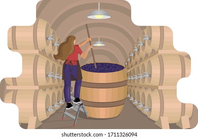 Weibliche Winzer mischen und schütteln Traubenschnitzel in Holzfässern im Weinkeller mit Eichenfässern. Weinbereitung: Teig, Mazeration, Fermentation. Handwerkliche traditionelle Weinherstellung. Cartoon-Vektorillustration-Illustration