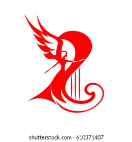 Female winged silhouette with a stylized harp.