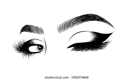Female wink eye with Arabic makeup. Luxe eyelashes and natural detailed eyebrows