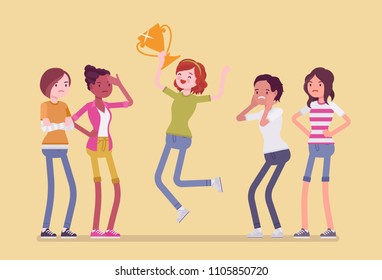Female winner and envious friends. Girl jumping happy to win a prize, surpassed all rivals in contest or competition, other feel jealous about her achievement. Vector flat style cartoon illustration