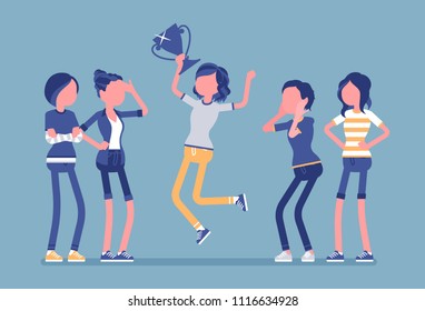Female winner and envious friends. Girl jumping happy to win a prize, surpassed all rivals in contest or competition, other feel jealous about her achievement. Vector illustration, faceless characters