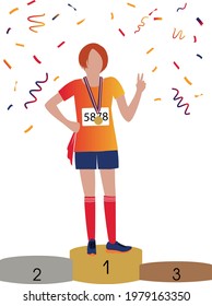 The female winner in the games of the competition stands on the winners podium in first place with a gold medal. Hand sign victory.