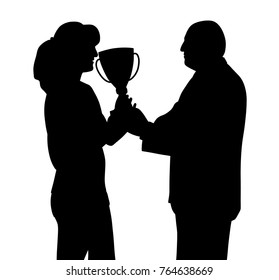 Female winner receiving trophy from president director or sponsor