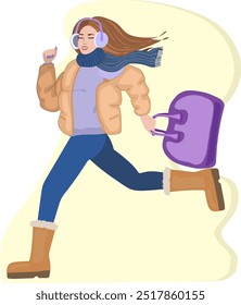 Female in winter clothes runing with bag vector flat colorful illustration. Hand drawn Girl in headphones, down jacket, sweater with scarf and ugg boots holding bag. Design for sale banner, background