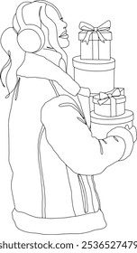 Female in winter coat, earmuffs carrying a stack of red gift boxes wrapped with bows continuous line vector illustrion. Design for winter holidays