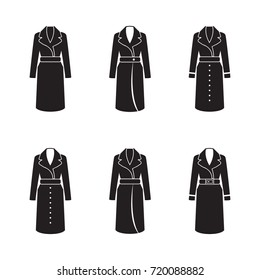 Female winter coat or overcoat vector icon set isolated on white background